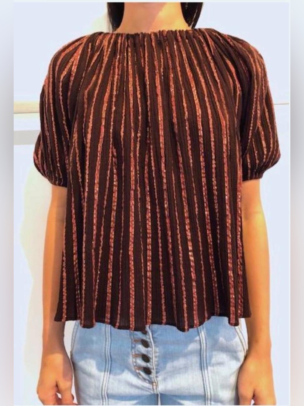 Ulla Johnson Alessia Top Chocolate Blouse with Rust-Pink Metallic Stripes Size 4